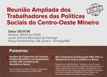 Representantes do Curso de Serviço Social discutirão a PEC 241 na Câmara Municipal de Formiga