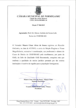 UNIFOR-MG RECEBE HOMENAGEM PELA CONQUISTA DO SELO DE QUALIDADE OAB RECOMENDA