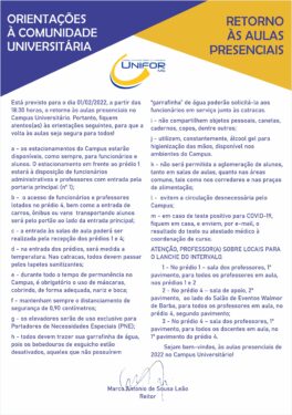ORIENTAÇÕES À COMUNIDADE UNIVERSITÁRIA – RETORNO ÀS AULAS PRESENCIAIS – 1º SEMESTRE DE 2022