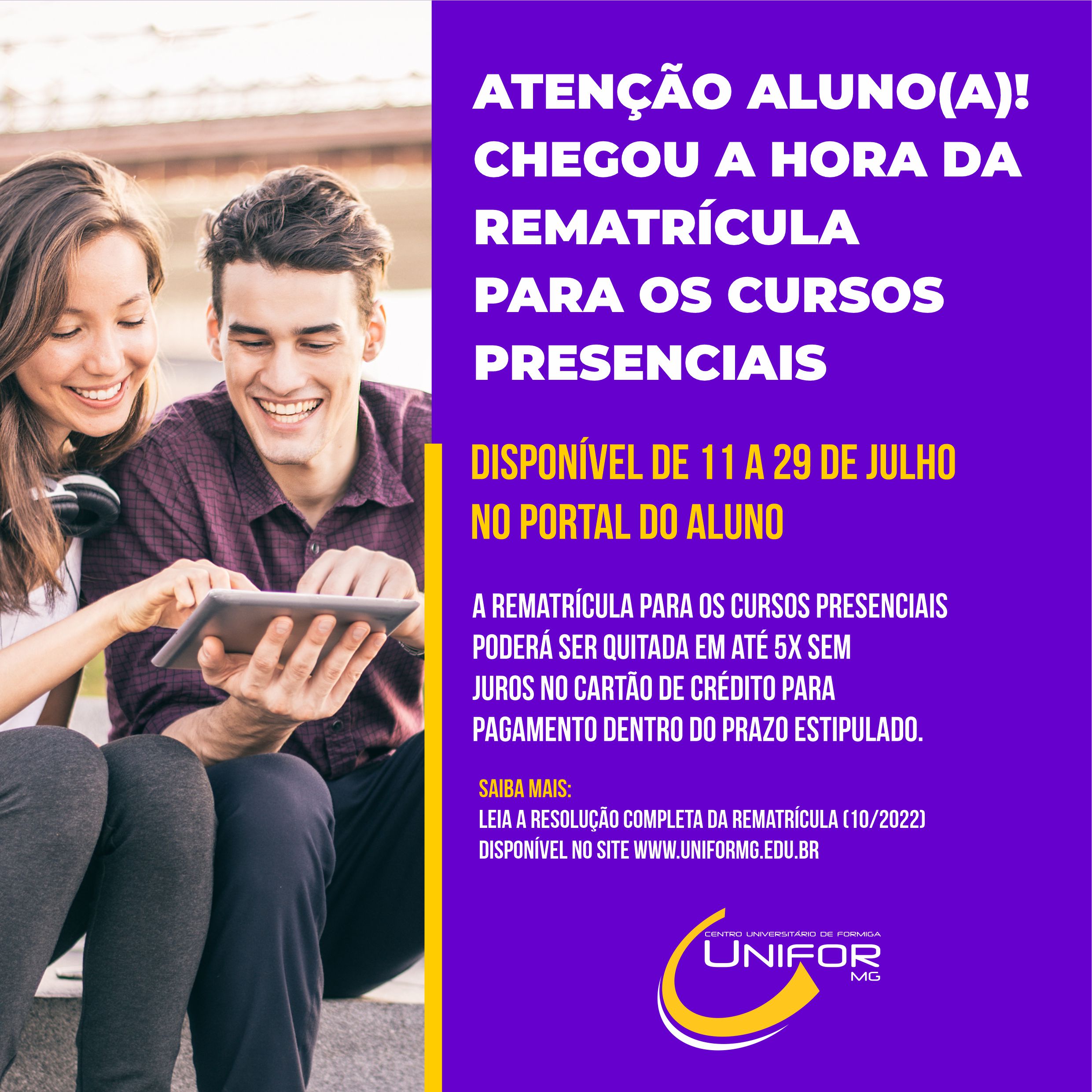 BOLETOS PARA A REMATRÍCULA DOS CURSOS PRESENCIAIS ESTARÃO DISPONÍVEIS DE 11 A 29/07