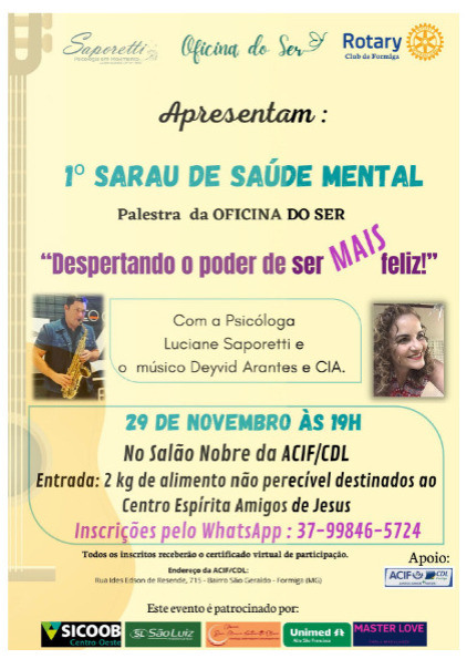 1° SARAU DE SAÚDE MENTAL SERÁ NO DIA 29 DE NOVEMBRO