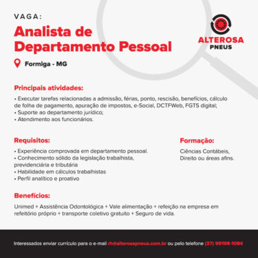ALTEROSA PNEUS DIVULGA OPORTUNIDADE DE EMPREGO