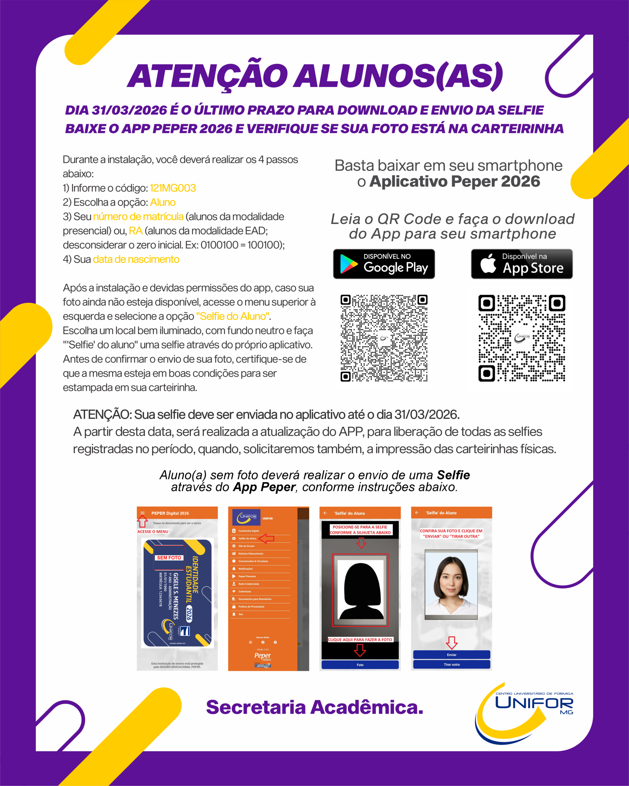UNIFOR-MG REFORÇA PRAZO PARA ENVIO DE SELFIE NO APLICATIVO PEPER 2026